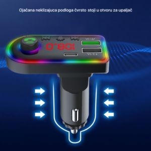 FM transmiter F8 USB, PD, TF, Bluetooth 5.0, Type C, RGB, 12-24V, handsfree crni - Slika 4