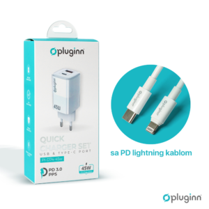 Kucni punjac Pluginn PI-D74-45w, GaN, QC3.0, PD3.0, PPS, USB 19W, PD 45W sa PD iPhone lightning kablom beli CE - Slika 3