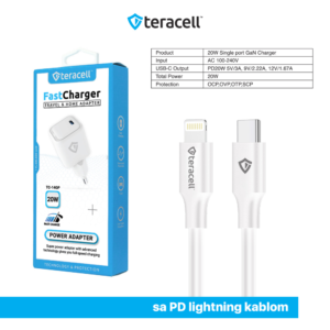 Kucni punjac Teracell Evolution TC-14GP, GaN, PD 3.0, 20W sa PD iPhone lightning kablom beli CE - Slika 4