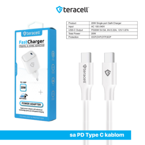 Kucni punjac Teracell Evolution TC-14GP, GaN, PD 3.0, 20W sa PD Type c kablom beli CE - Slika 4